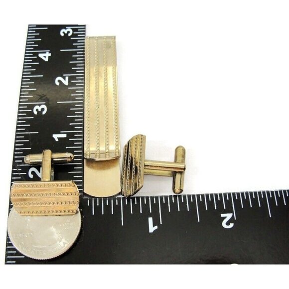 Long Wide Tie Bar & Cufflink Set Faded Gold Tone Tarnished Shirt Vintage - Picture 6 of 7